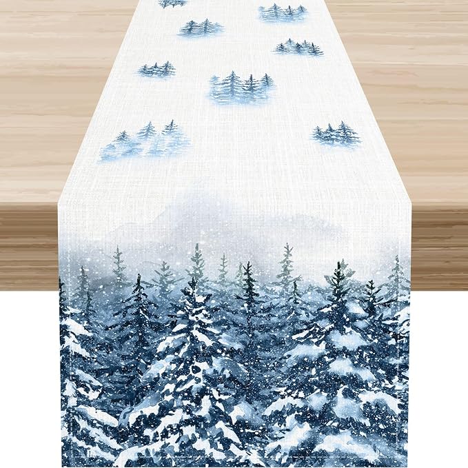 Forest Table Runner, Rustic Farmhouse Mountains Birds Pine Tree Woodland Jungle by Unknown