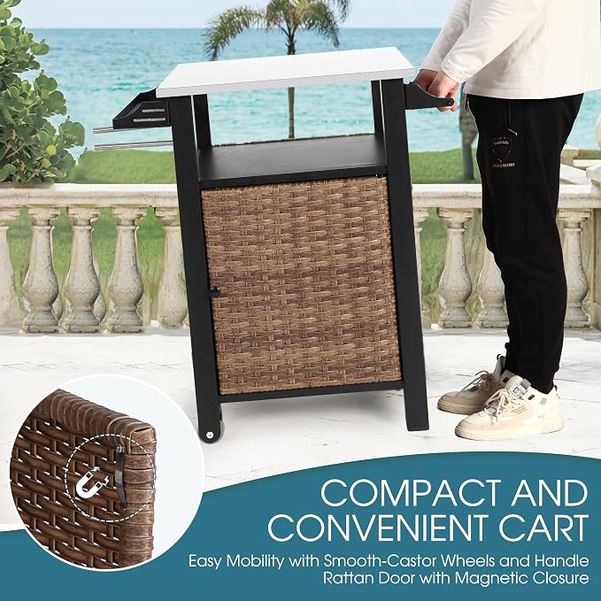 Grill Cart Outdoor with Wheels, Outdoor Prep Table with Wicker Storage and - Image 6