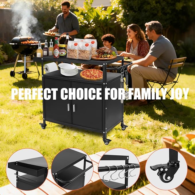 Grill Cart with Storage, Outdoor Bar Cart Rolling BBQ Cart Movable Pizza Oven - Image 7