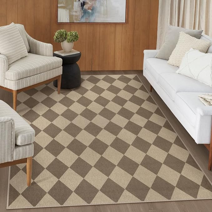 Easy Jute Brown Checkered 5x7 Area Rug, Washable Modern Rugs - Image 5