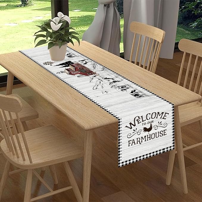Farmhouse Rooster Table Runner, Rustic Farm Animals Cow Pig Chicken Coffee - Image 2