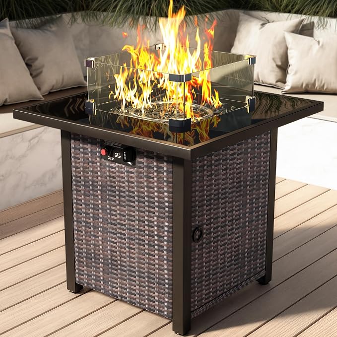 Propane Outdoor Fire Pit Table, Outdoor Gas FirePit W/Glass Wind Guard by Olimix