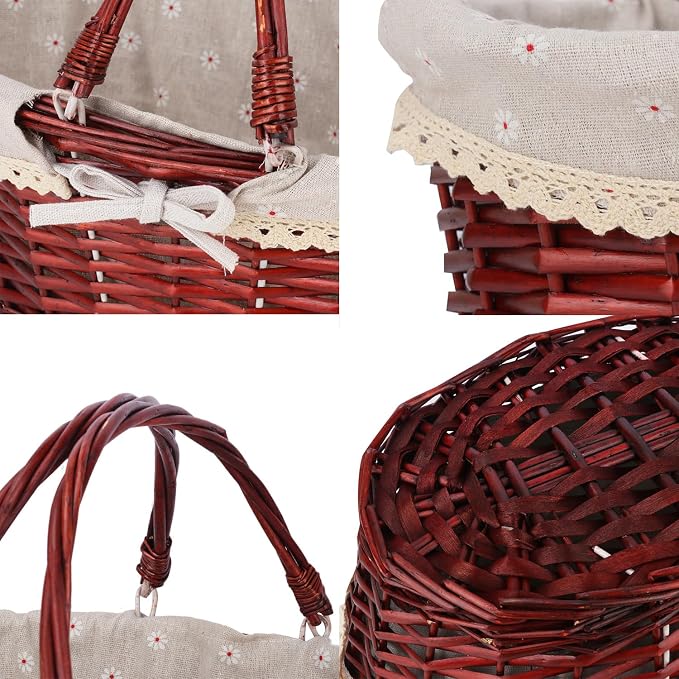 Brown Wicker Basket with Linen Lining, 14 Inch Large Wicker Woven Picnic Basket - Image 3