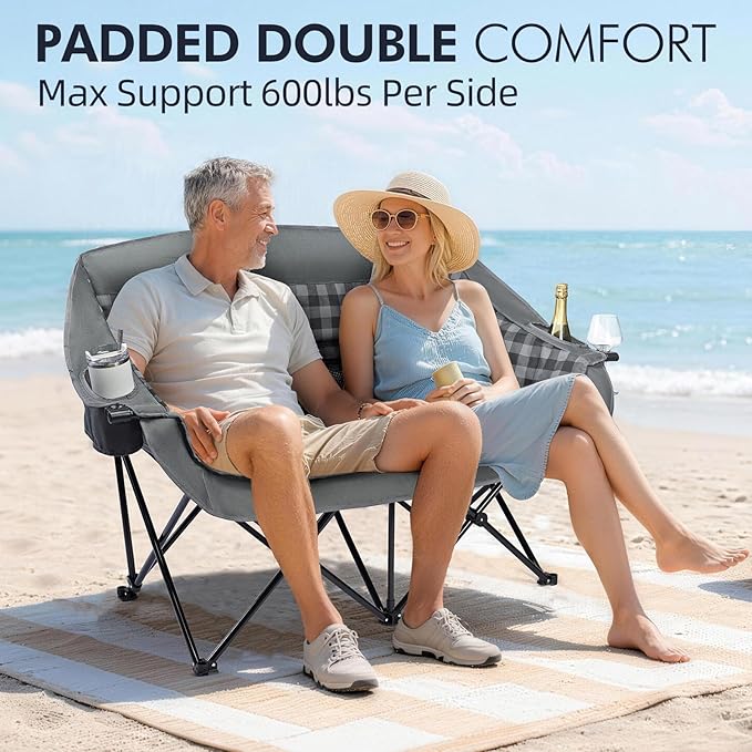 Camping Chair for Two, Padded Grey Loveseat with Cup Holders