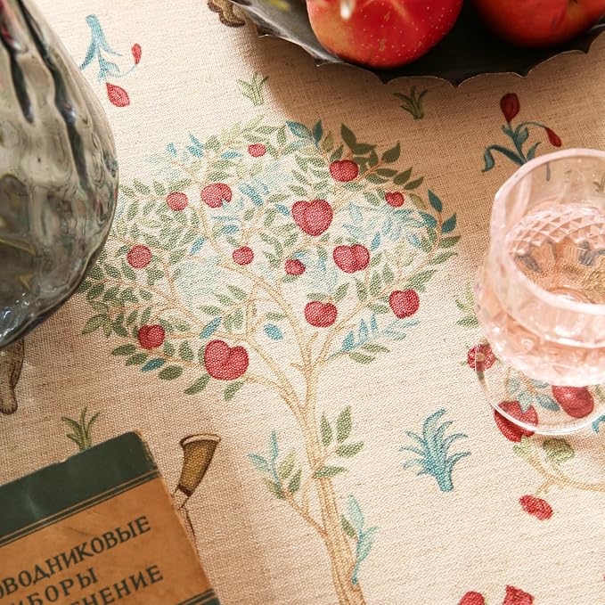 patdrea Designer Linen Beige Round Tablecloth, Vintage Italian Trees Pattern - Image 5