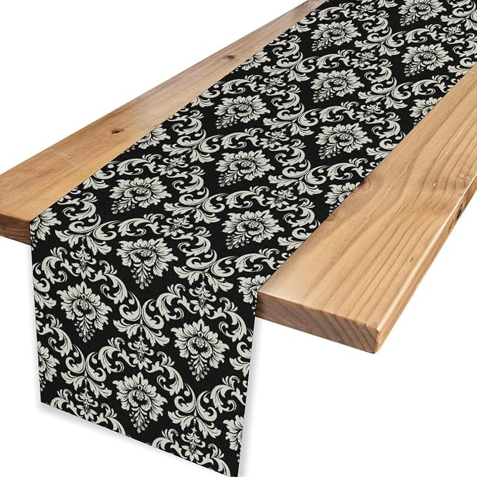 Black Damask Table Runner, Rustic Gothic Baroque Style Floral Boho Flower - Image 4