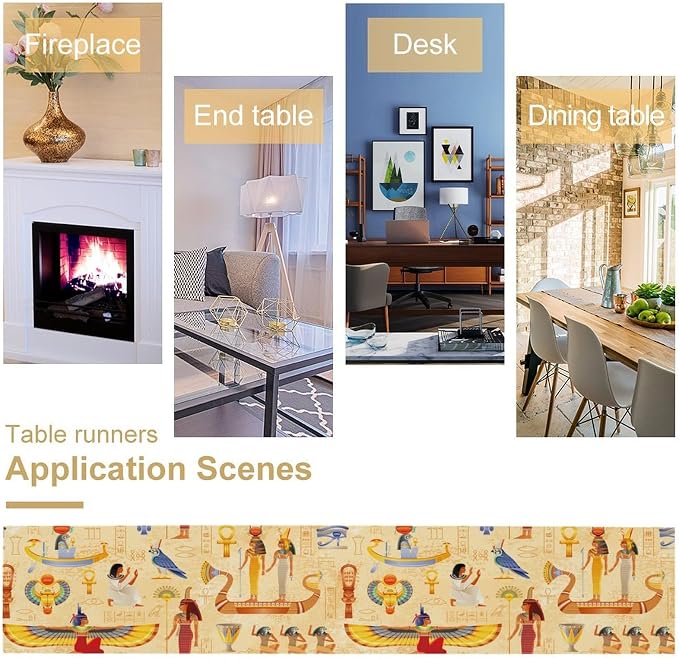 Egypt Table Runner, Ancient Egyptian Mythology Gods Hieroglyphic Elements Retro - Image 5