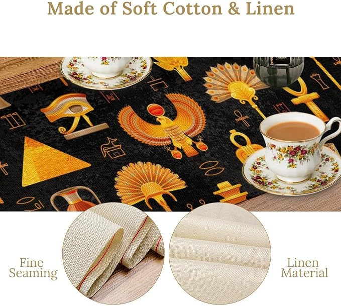 Egyptian Table Runner, Retro Egypt Mural Old Hieroglyphic Elements Ancient - Image 4