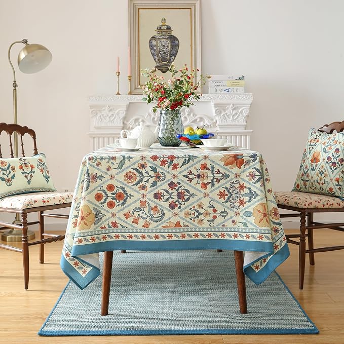 ISAENNE Designer Linen Elegant Small Rectangular Tablecloth, Colorful Floral - Image 3