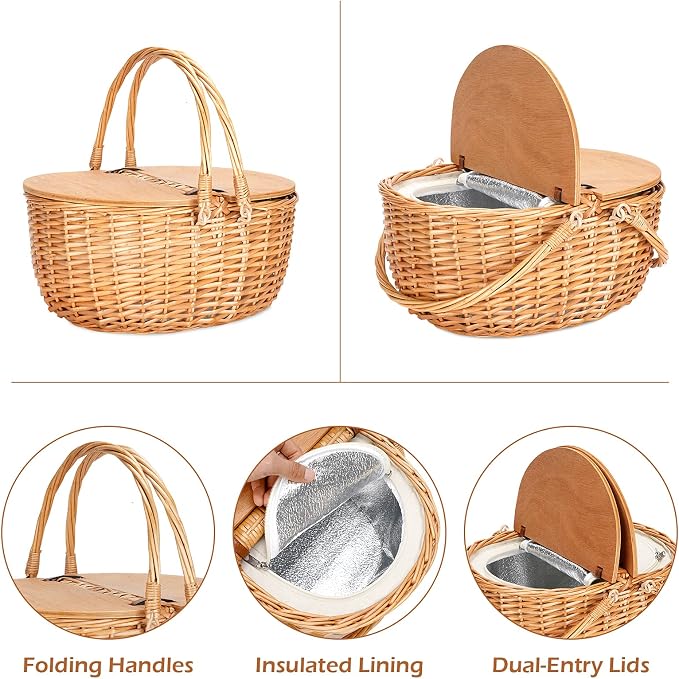 Wicker Picnic Basket with Cooler, Wooden Split Lid Picnic Basket, Vintage-Style - Image 4