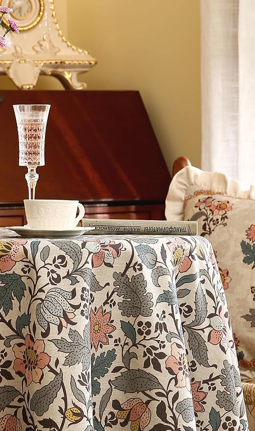 ISAENNE Designer Boho Floral Round Tablecloth, Linen Lotus Flower Pattern - Image 9