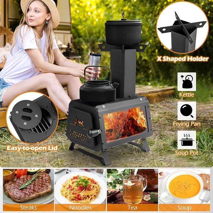 Camping Wood Stove, Portable Wood Burning Stove wtih X-shaped Pot Holder - Image 3
