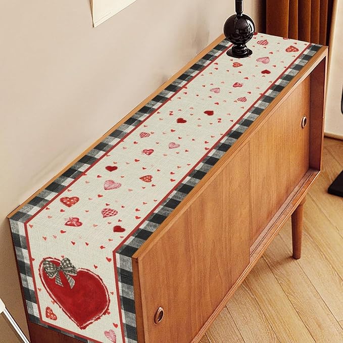 Valentines Day Table Runner, Vintage Red Black Heart Buffalo Plaid Valentines - Image 2