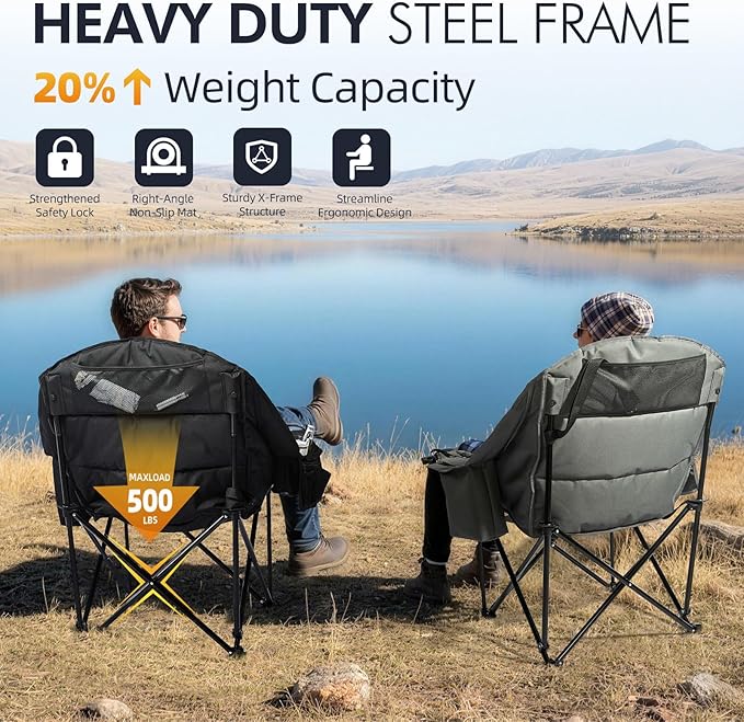 Camping Chair, Oversized Padded Steel Frame, Black 2-Pack