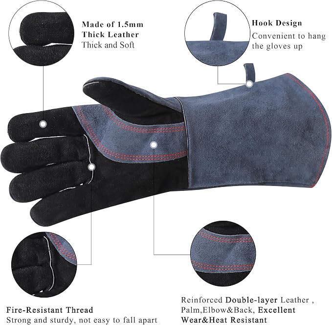 RAPICCA Fireplace Gloves Fire Heat Resistant: Grey 16IN 662℉- Fireproof Leather - Image 9
