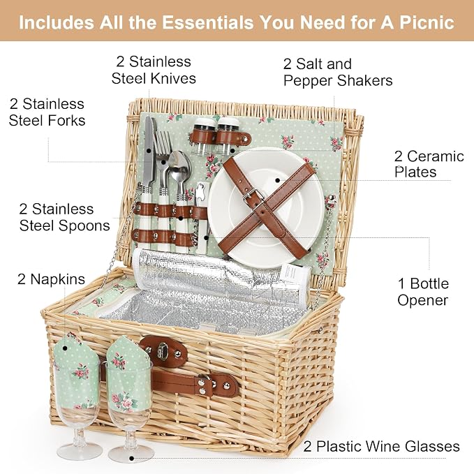 ZORMY Wicker Picnic Basket for 2 Person, Willow Hamper Basket Sets - Image 4
