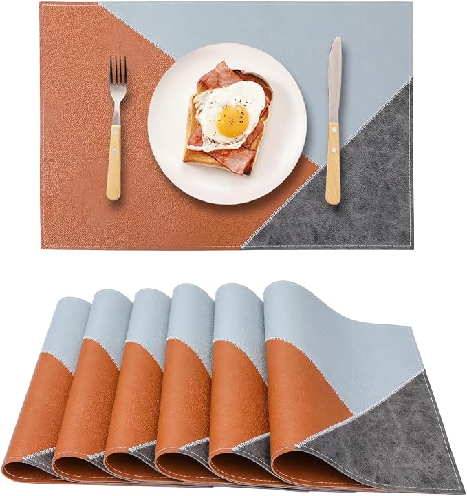 Faux Leather Placemats Set of 6 Waterproof, Reversible Geometric Pattern PU by Unknown