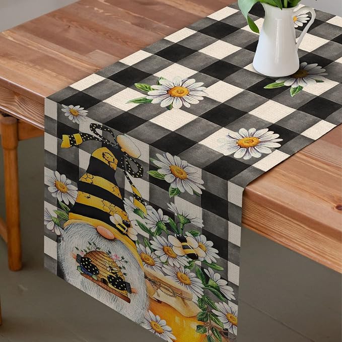 Seliem Spring Bee Gnome Table Runner, Honey Black White Buffalo Plaid Check - Image 4