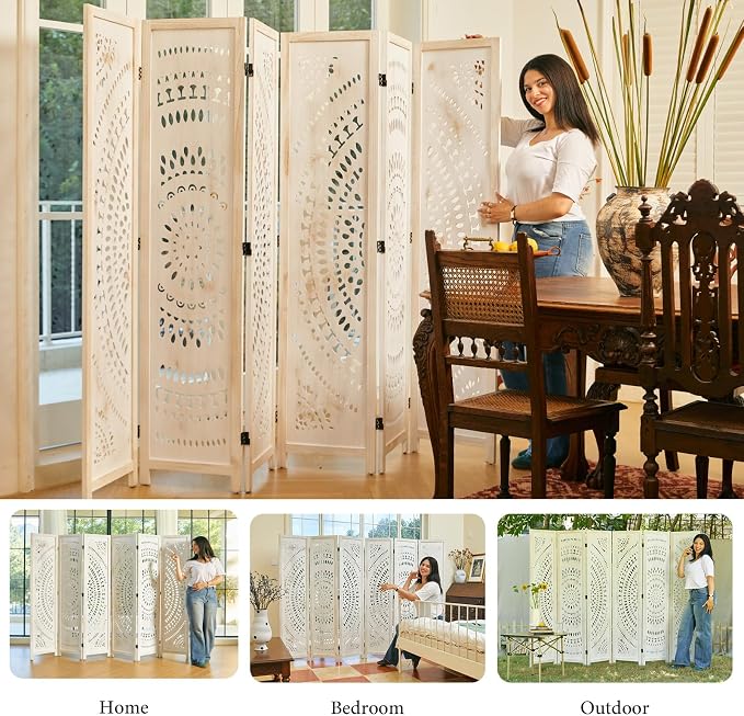 Room Divider Wood Carved Wall Divider Indoor Folding Bohemian Style Portable - Image 6