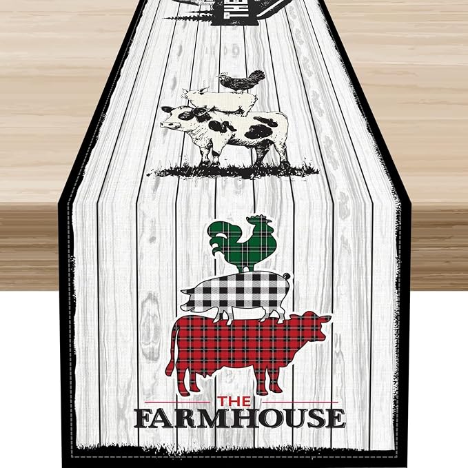Farmhouse Pig Cow Table Runner, Rustic Black Rooster Animals Coffee Table by Unknown