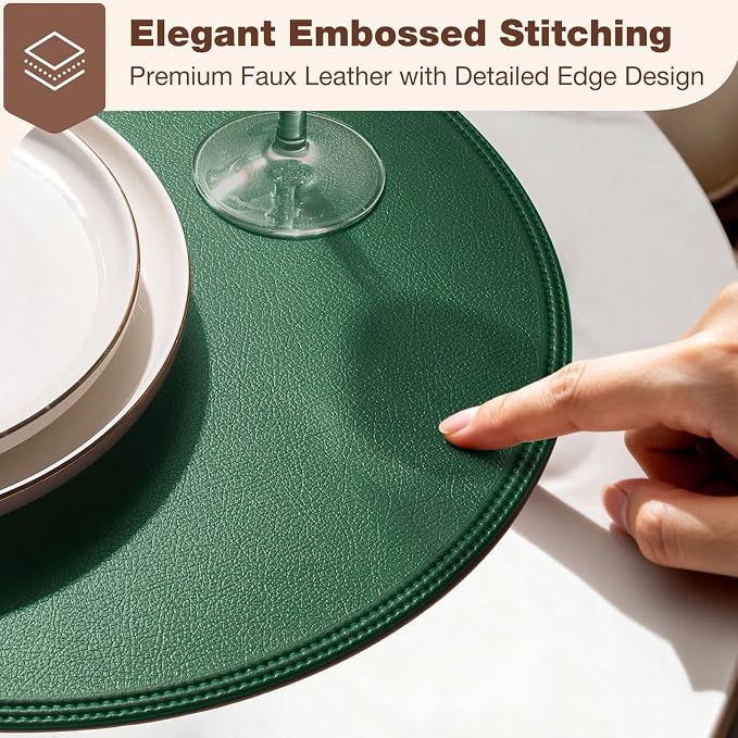 Round Vinyl Green Placemats Set of 6, Faux Leather Waterproof Wipeable Heat - Image 2
