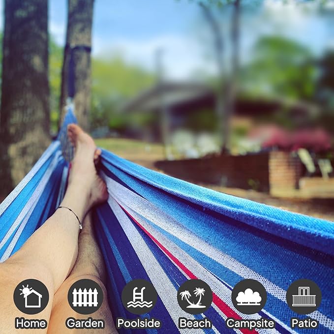 Hammock, Cotton, Blue Red White Stripe, Anti-Rollover Design