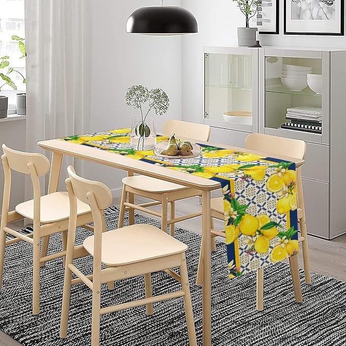 Yellow Lemon Table Runner, Spring Summer Seasonal Blue Tiles Watercolor Lemon - Image 3
