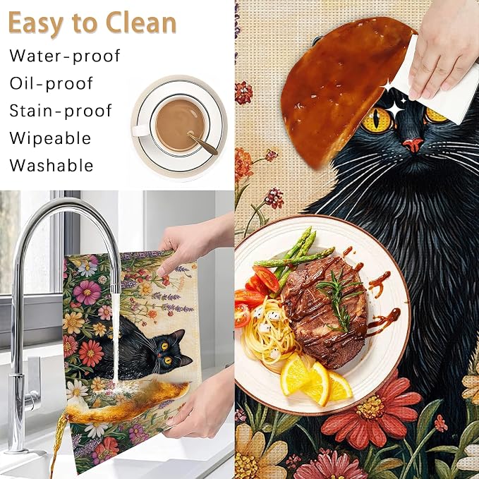 Black Cat Placemats Set of 6, Color Flower Waterproof Non-Slip Washable Table - Image 5
