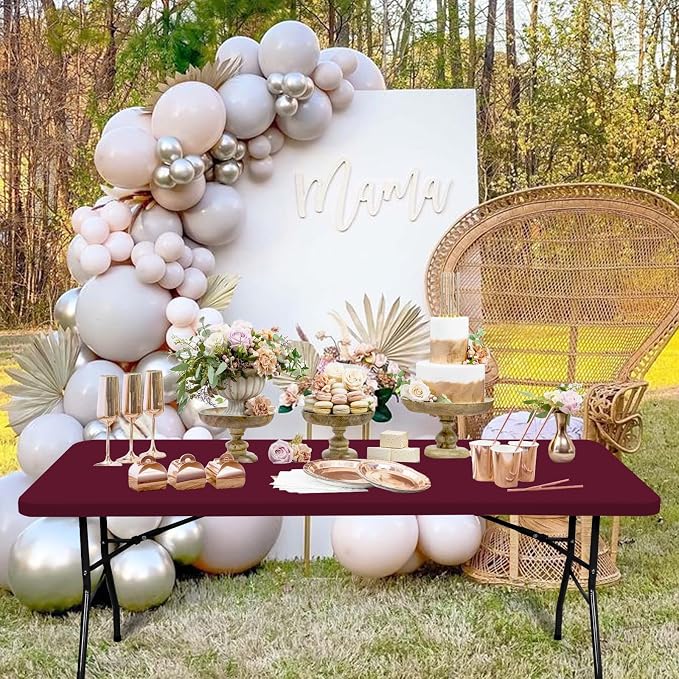 10 Pack Fitted Tablecloth for 8 Foot Rectangle Tables, Wine Red Elastic Outdoor - Image 7