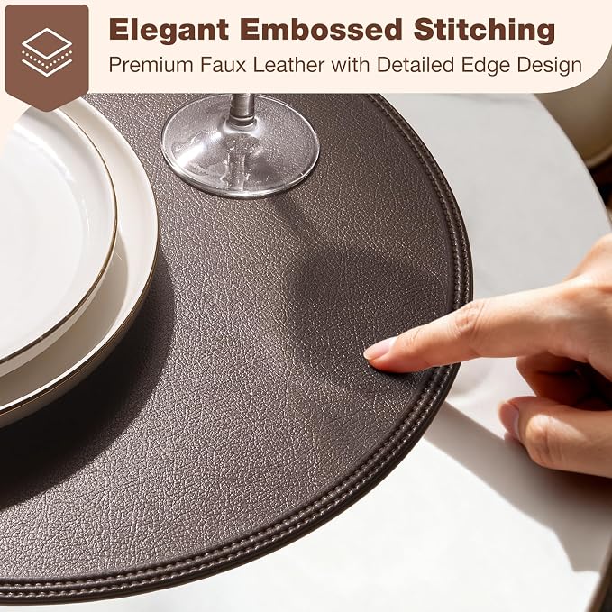 Round Vinyl Brown Placemats Set of 6, Faux Leather Waterproof Wipeable Heat - Image 2
