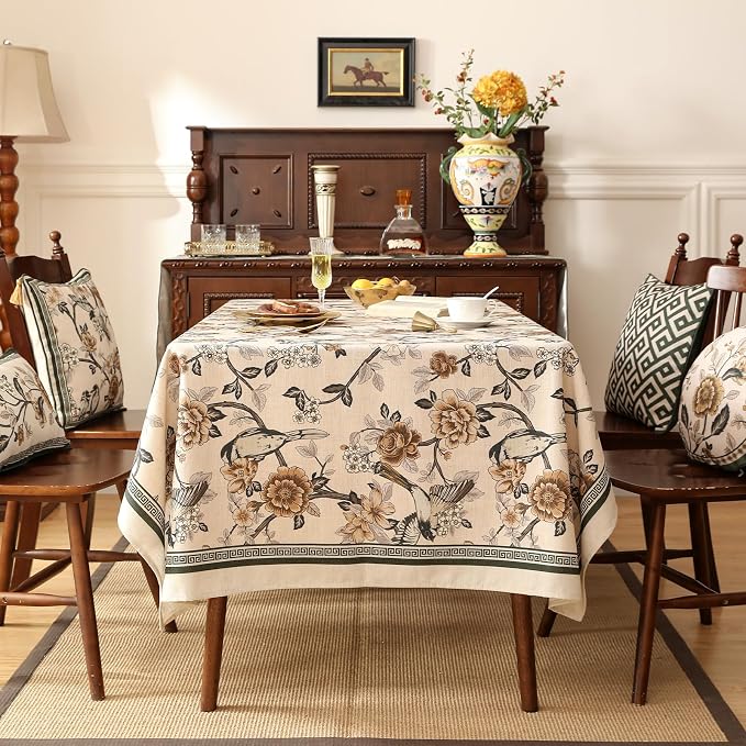 ISAENNE Designer Vintage Linen Square Table Cloth, Floral and Bird Pattern - Image 3