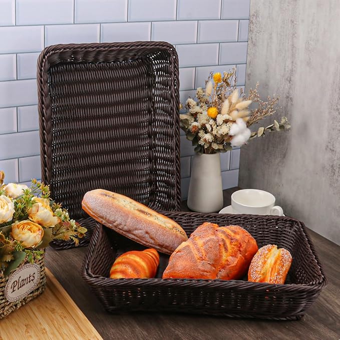 5 Pack 16 Inch Deep Coffee Wicker Bread Basket, Handmade Woven Organizer - Image 4