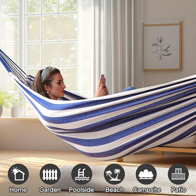 Hammock: Blue/White Cotton, Anti-Rollover Design, 660 lb Capacity