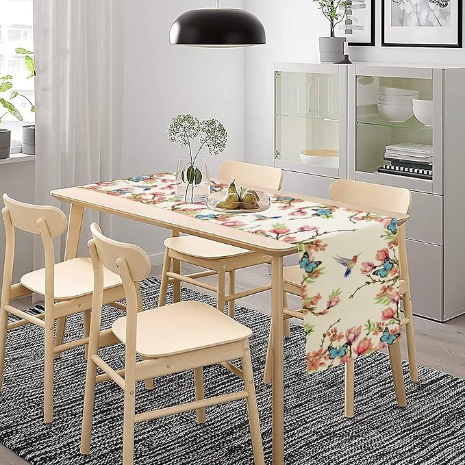 Spring Flower Table Runner, Seasonal Rustic Garden Flowers Bird Butterfly Print - Image 3