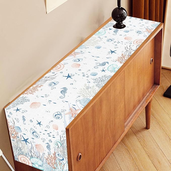 Nautical Table Runner, Summer Coastal Starfish Seahorse Seashells Coral - Image 3