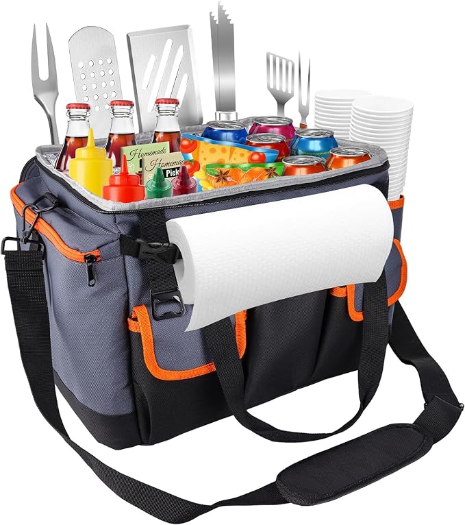 Large BBQ Grill Caddy with Paper Towel Holder, Foldable Insulated Picnic by Homyplaza