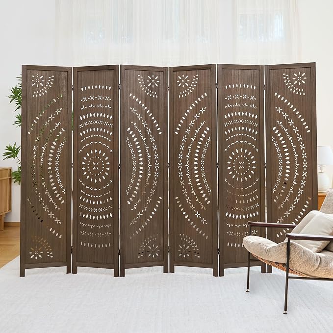 66.9Inch Folding Room Divider, 6 Panels Wood Carved Privacy Screens Free - Image 2