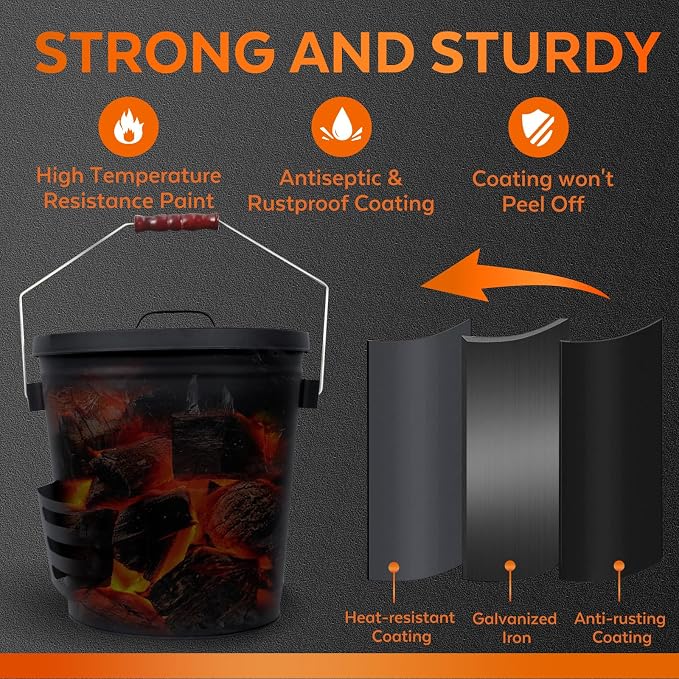 5.2 Gallon Ash Bucket with Lid and Shovel, Metal Fireplace Ash Bucket with Broom - Image 5