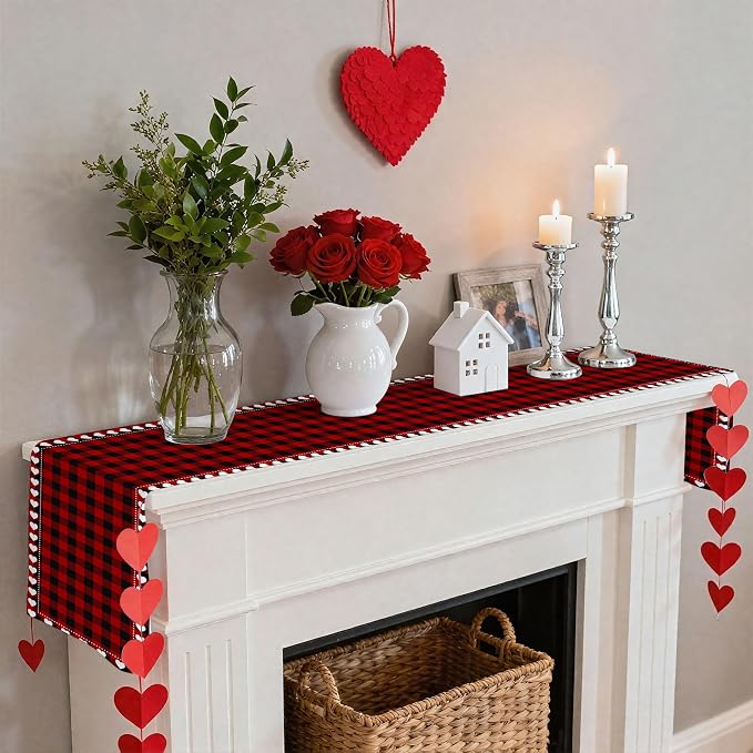 Valentine’s Day Love Heart Red Black Buffalo Plaid Table Runner 13x36 Inch - Image 3