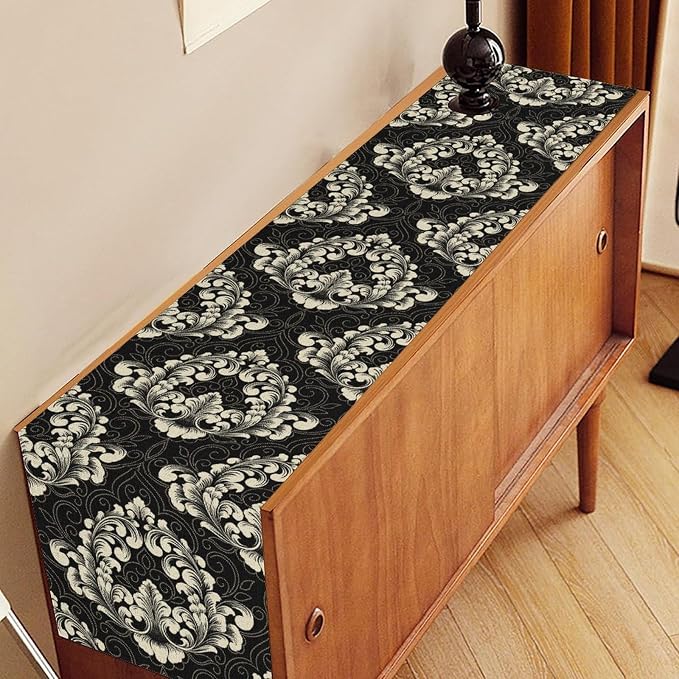 Gothic Table Runner, Retro Black Damask Baroque Style Floral Bohemian Exotic - Image 3