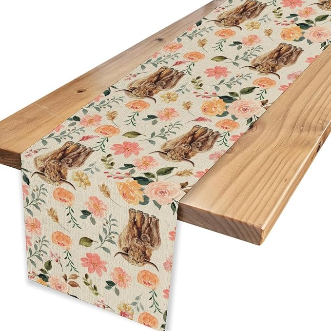 Cow Table Runner, Rustic Farmhouse Pink Floral Flower Spring Summer Yak Leaves - Image 4