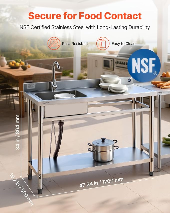 VEVOR Stainless Steel Utility Sink, Free Standing Single Bowl Commercial - Image 2