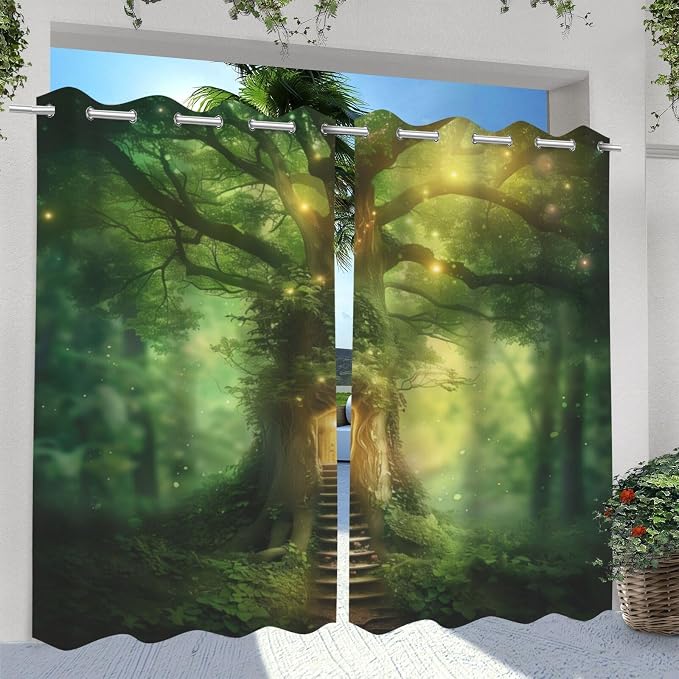 Fantasy Theme Waterproof Indoor/Outdoor Curtains, Forest Pattern, Light - Image 2
