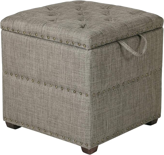 Adeco 18 Inch High Cube Ottoman Storage, Linen Grey Chair Foot Stools by Adeco