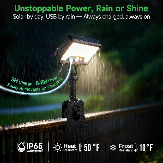 Solar Motion Light Outdoor, 3CCT Clip On Fixture, 600LM 1500mAH Type-C USB & - Image 4