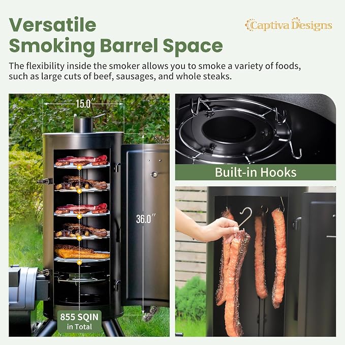Captiva Designs Charcoal Vertical Smoker Grill and Offset Smoker Grill Combo - Image 2