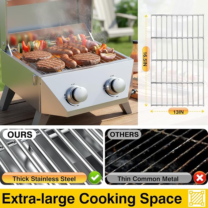 BESTFIRE 2-Burner Tabletop Propane Grill, 20000 BTU Stainless Steel Portable BBQ - Image 4