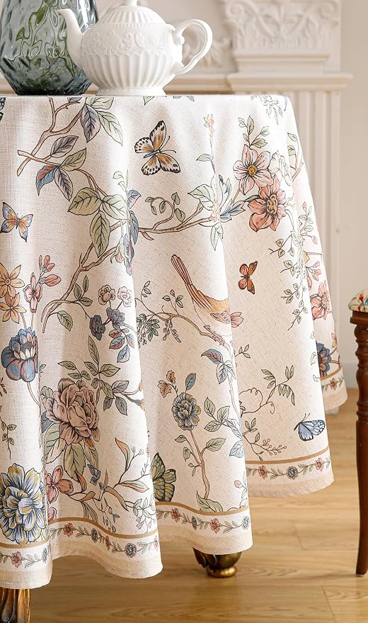 ISAENNE Designer French Light Beige Small Round Tablecloth, Linen Florals and - Image 9