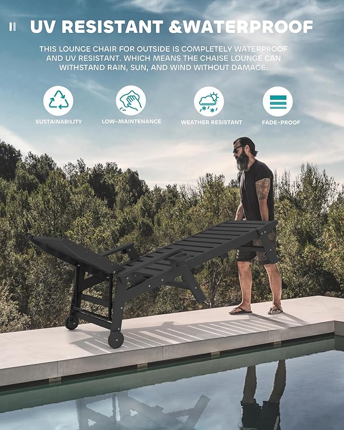 SERWALL Patio Chaise Lounge Chair, Poly Lounge Chair - Image 6