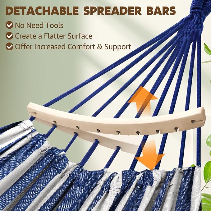 Cotton Camping Hammock with Pole, Blue and White Stripes, 106 x 59 in